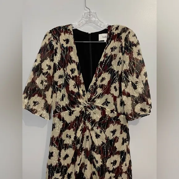 ba&amp;sh Women's Kaz Dress Ecru Size Large Midi V-Neck Elbow Length Sleeves Lined