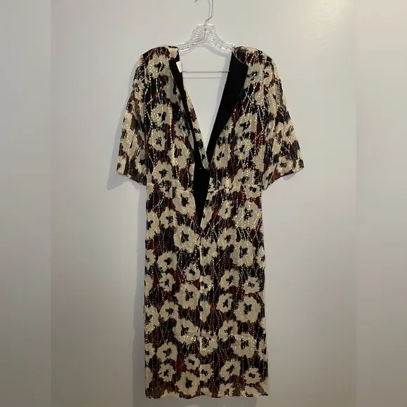 ba&amp;sh Women's Kaz Dress Ecru Size Large Midi V-Neck Elbow Length Sleeves Lined
