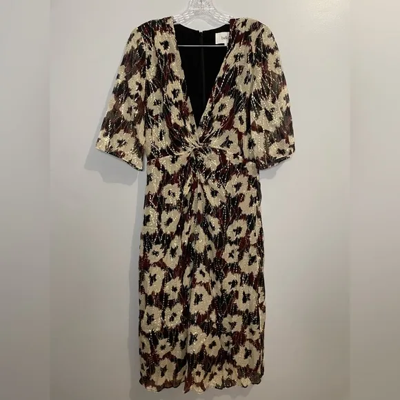ba&amp;sh Women's Kaz Dress Ecru Size Large Midi V-Neck Elbow Length Sleeves Lined