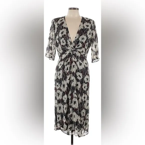 ba&amp;sh Women's Kaz Dress Ecru Size Large Midi V-Neck Elbow Length Sleeves Lined