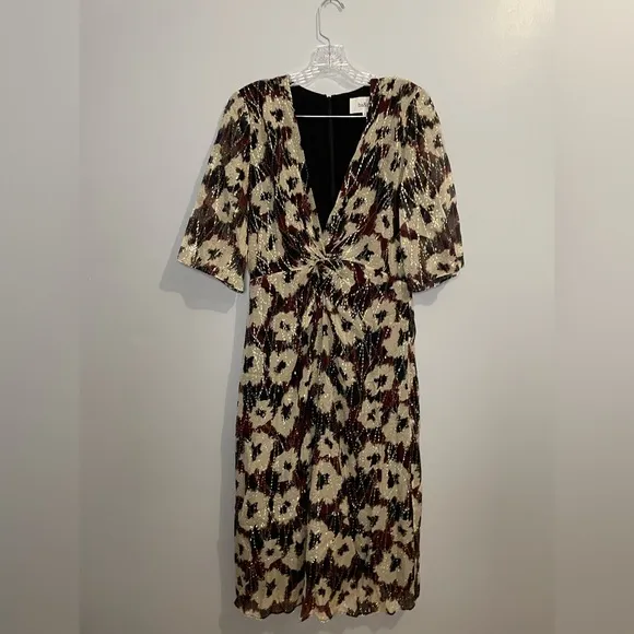 ba&amp;sh Women's Kaz Dress Ecru Size Large Midi V-Neck Elbow Length Sleeves Lined