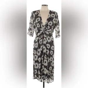 ba&amp;sh Women's Kaz Dress Ecru Size Large Midi V-Neck Elbow Length Sleeves Lined