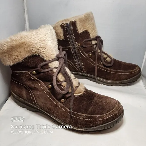 Baretraps Deelya Boots Womens Size 11M Suede Ankle Winter Faux Fur Tan Brown Fun