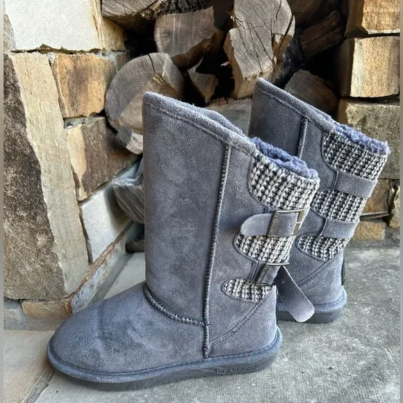 BearPaw winter Clara leather knit pull on buckle strap Grey Fog boots Sz-7.  J