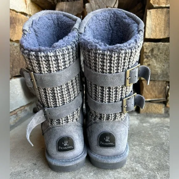 BearPaw winter Clara leather knit pull on buckle strap Grey Fog boots Sz-7.  J