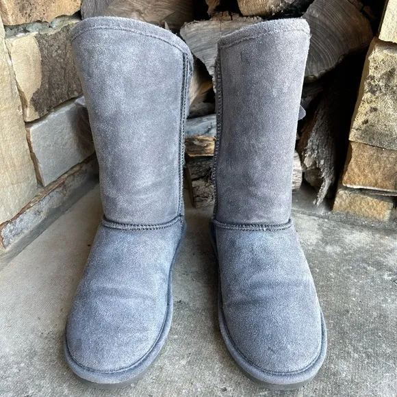 BearPaw winter Clara leather knit pull on buckle strap Grey Fog boots Sz-7.  J