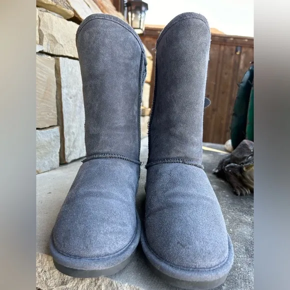 BearPaw winter Clara leather knit pull on buckle strap Grey Fog boots Sz-7.  J