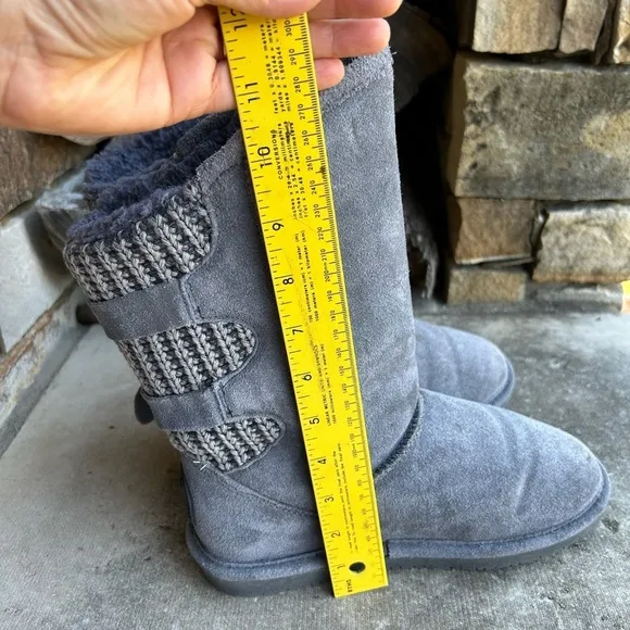 BearPaw winter Clara leather knit pull on buckle strap Grey Fog boots Sz-7.  J
