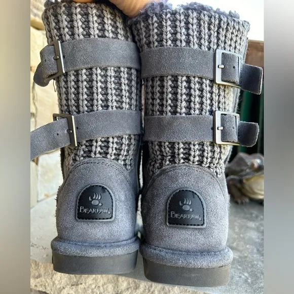 BearPaw winter Clara leather knit pull on buckle strap Grey Fog boots Sz-7.  J