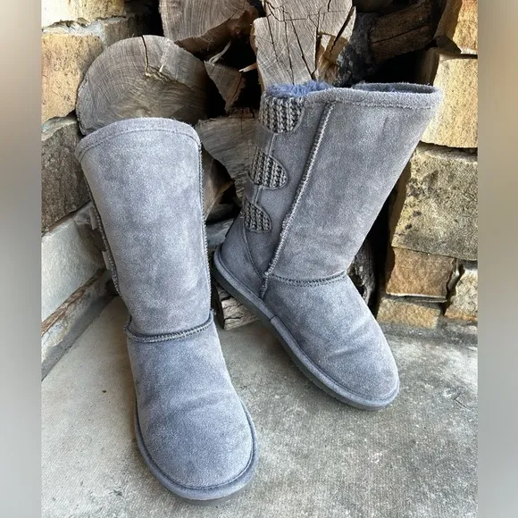 BearPaw winter Clara leather knit pull on buckle strap Grey Fog boots Sz-7.  J