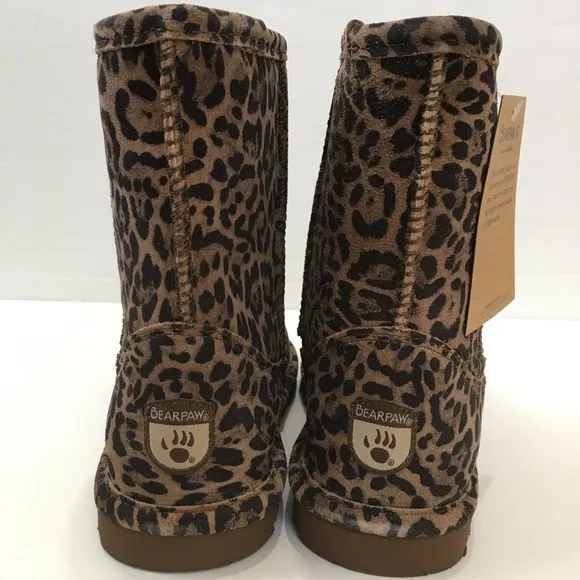 BearPaw Youth Girls brown leopard sheep skin/wool lined pull on winter boots 3Y