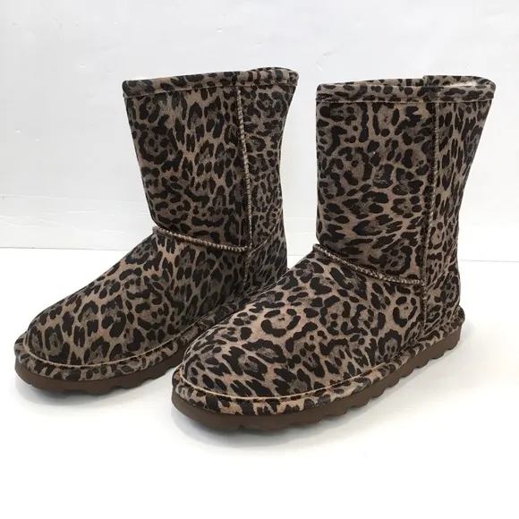 BearPaw Youth Girls brown leopard sheep skin/wool lined pull on winter boots 3Y