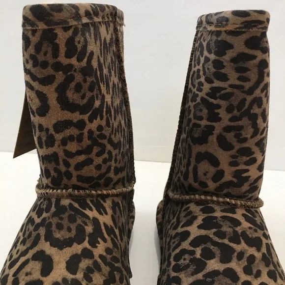 BearPaw Youth Girls brown leopard sheep skin/wool lined pull on winter boots 3Y