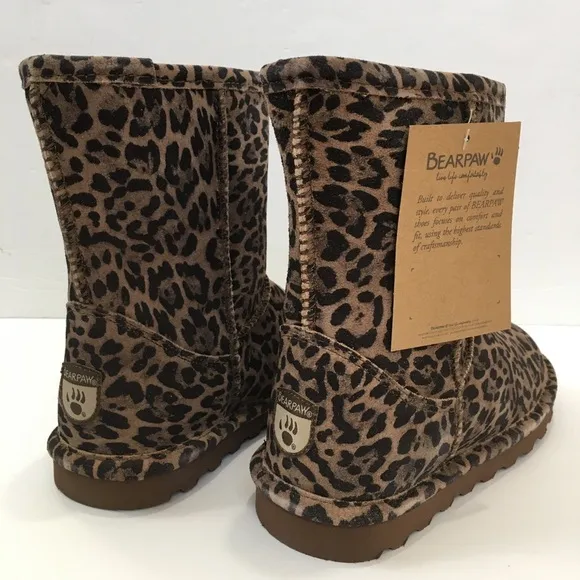 BearPaw Youth Girls brown leopard sheep skin/wool lined pull on winter boots 3Y