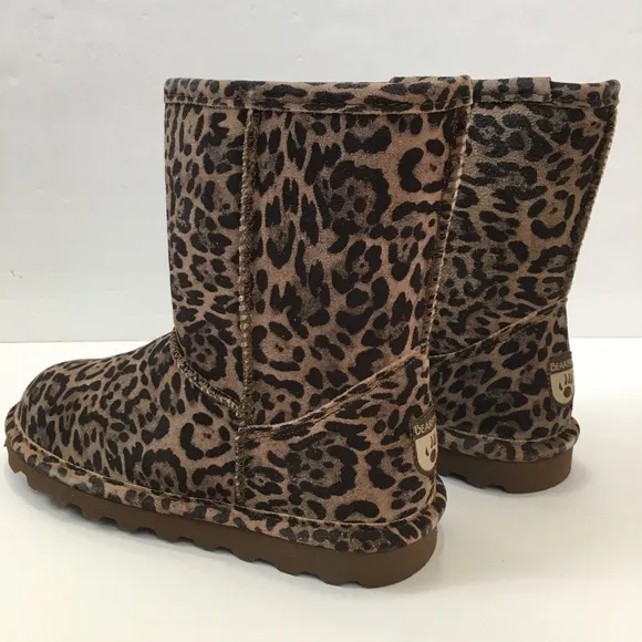 BearPaw Youth Girls brown leopard sheep skin/wool lined pull on winter boots 3Y