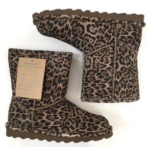 BearPaw Youth Girls brown leopard sheep skin/wool lined pull on winter boots 3Y