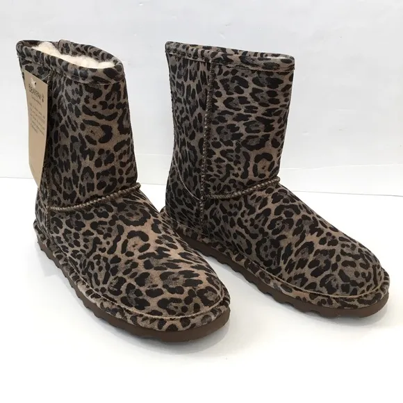 BearPaw Youth Girls brown leopard sheep skin/wool lined pull on winter boots 3Y