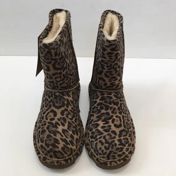 BearPaw Youth Girls brown leopard sheep skin/wool lined pull on winter boots 3Y