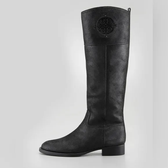 BEAUTIFUL Tory Burch Kiernan Nubuck Logo Riding Leather Black Boots $495 tax!