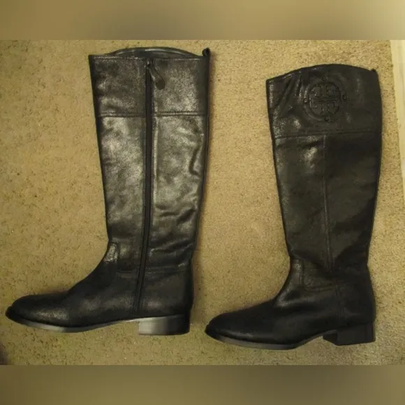 BEAUTIFUL Tory Burch Kiernan Nubuck Logo Riding Leather Black Boots $495 tax!