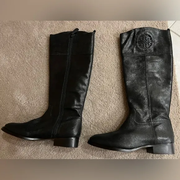 BEAUTIFUL Tory Burch Kiernan Nubuck Logo Riding Leather Black Boots $495 tax!