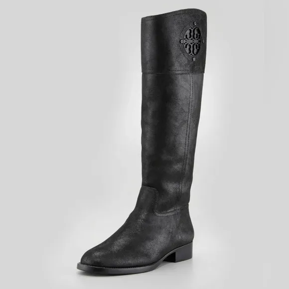 BEAUTIFUL Tory Burch Kiernan Nubuck Logo Riding Leather Black Boots $495 tax!