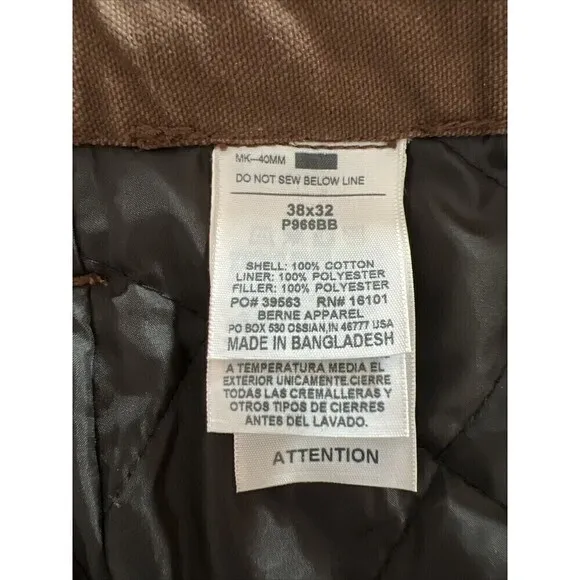 Berne Brown Insulated Carpenter Pants 38x32 Very Nice