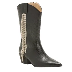 Black Western-Style Pointy Toe Women's Boots Rhinestone Fringe Nib Size 6