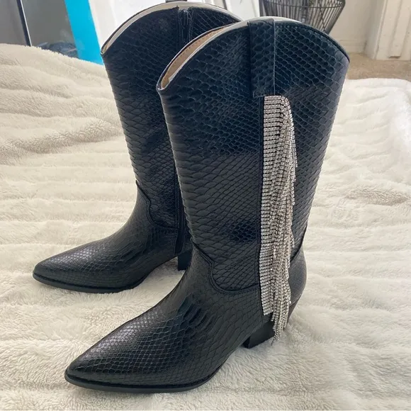 Black Western-Style Pointy Toe Women's Boots Rhinestone Fringe Nib Size 6