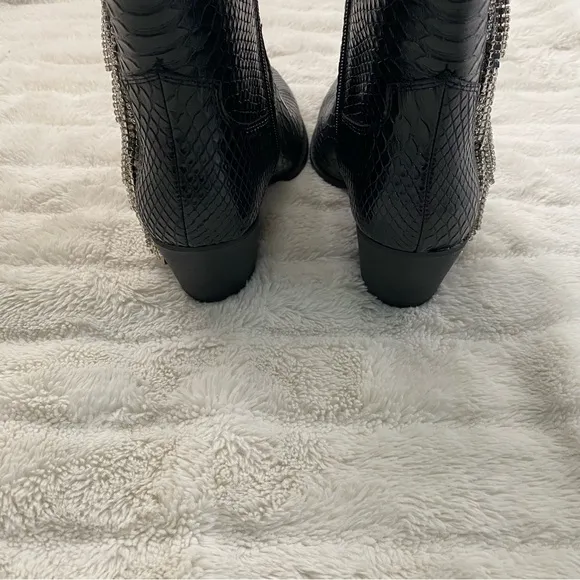 Black Western-Style Pointy Toe Women's Boots Rhinestone Fringe Nib Size 6