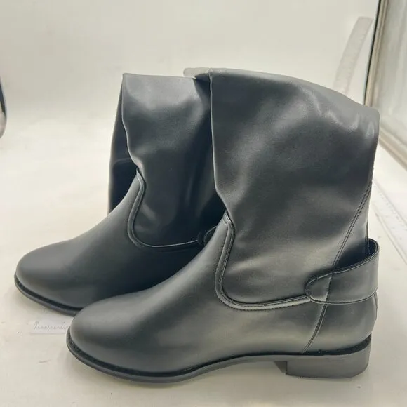 Black Women Low Chunky Heel Riding Wide Calf Knee High Boots Round Toe Long Boot