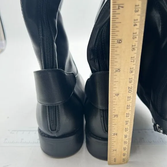 Black Women Low Chunky Heel Riding Wide Calf Knee High Boots Round Toe Long Boot