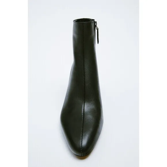 Black Zara Leather Mid-Heel Almond Toe Ankle Boots (NWT)