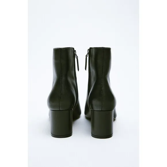 Black Zara Leather Mid-Heel Almond Toe Ankle Boots (NWT)