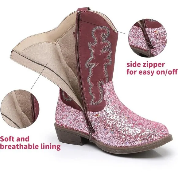 Blikcon Girls Glitter Western Cowgirl Boots Mid-Calf Riding Shoes (Toddler/Kid)