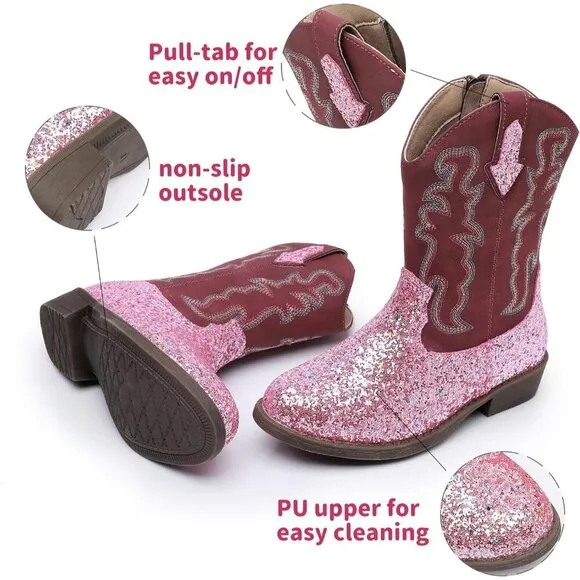 Blikcon Girls Glitter Western Cowgirl Boots Mid-Calf Riding Shoes (Toddler/Kid)