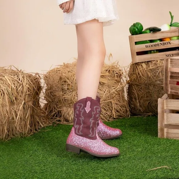 Blikcon Girls Glitter Western Cowgirl Boots Mid-Calf Riding Shoes (Toddler/Kid)