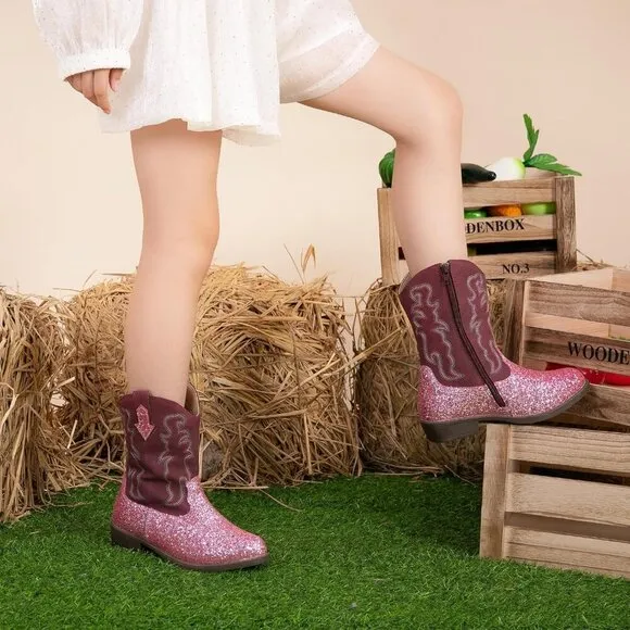 Blikcon Girls Glitter Western Cowgirl Boots Mid-Calf Riding Shoes (Toddler/Kid)