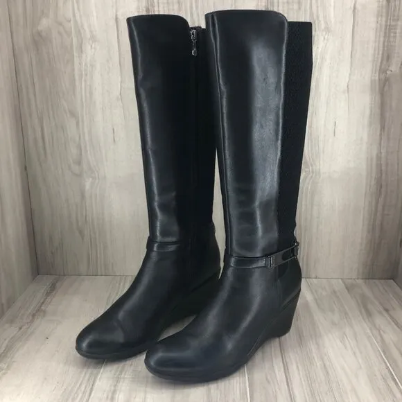 Blondo Riding Boots Womens 9.5M Laina Black Leather Wedge Tall Knee High
