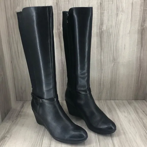 Blondo Riding Boots Womens 9.5M Laina Black Leather Wedge Tall Knee High