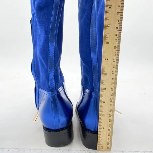 Blue Regular Round Toe Riding Knee High Boots Wide Calf Buckled Strappy Shoe
