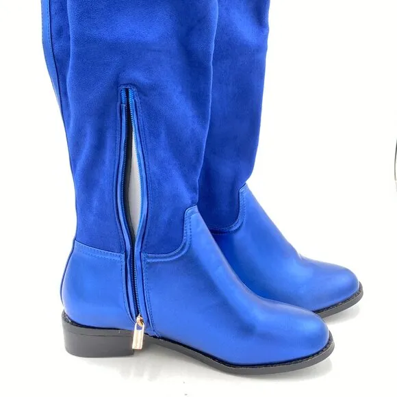 Blue Regular Round Toe Riding Knee High Boots Wide Calf Buckled Strappy Shoe