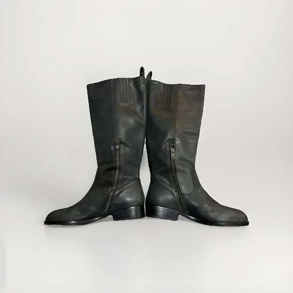 Boden Leather Boots Distressed Black Zip Up Tall Riding Boots Equestrian Preppy