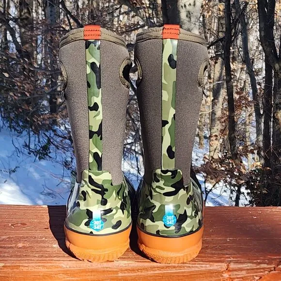 Bogs Boots Kids Sz 1 Green / Orange Camo Waterproof Snow Rain Insulated Boots