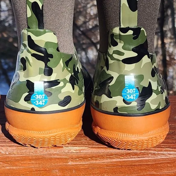 Bogs Boots Kids Sz 1 Green / Orange Camo Waterproof Snow Rain Insulated Boots