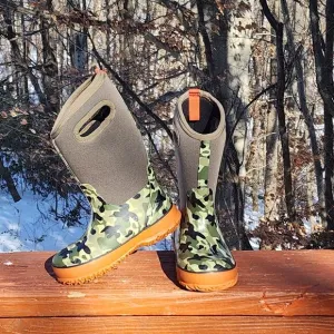 Bogs Boots Kids Sz 1 Green / Orange Camo Waterproof Snow Rain Insulated Boots