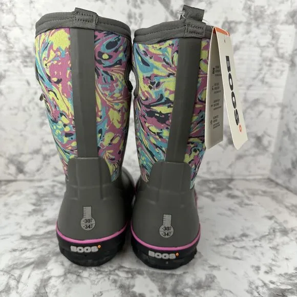 Bogs Girls Pull On Snow Boots Size 11 Gray Marble Waterproof Insulated Winter