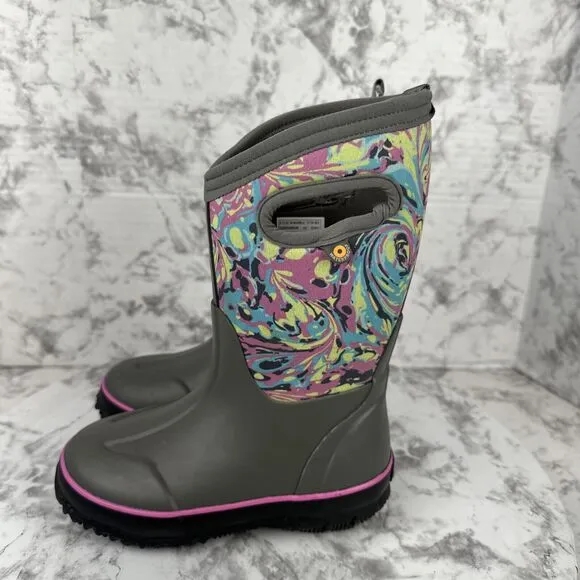 Bogs Girls Pull On Snow Boots Size 11 Gray Marble Waterproof Insulated Winter
