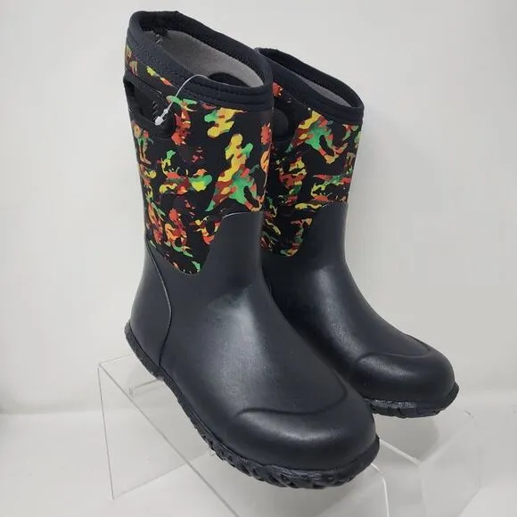 Bogs Waterproof Boots York Camo Dino Kids 4 Black Rain Shoes Eco Footbed