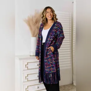 Bold Retro Knit Colorful Fringe Hem Longline Duster Sweater Pocket Cardigan
